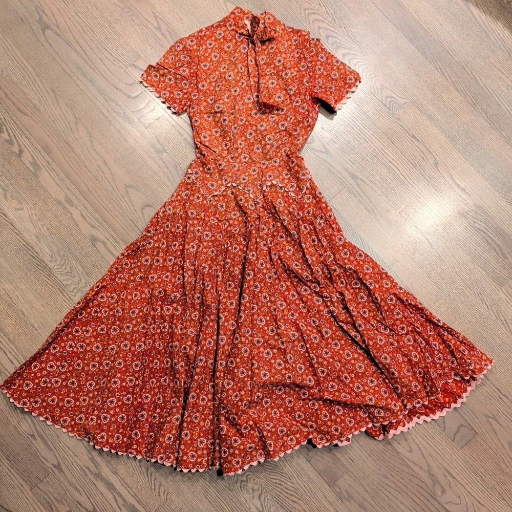 VTG 70s Prairie Midi Dress Novelty Heart Calico Print Rickrack Talon XXS 22 W 00